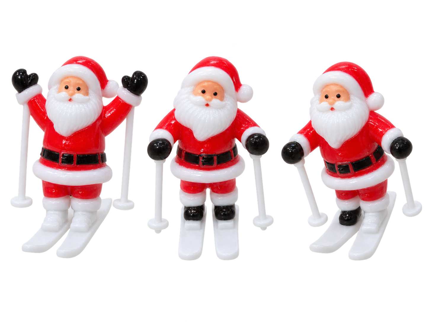 Picks Decorativos Pai Natal a Esquiar em Plástico ( Pack 6 und.) Três brinquedos de Pai Natal a esquiar de plástico vermelho e branco