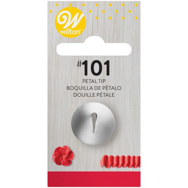 Bico de pasteleiro Wilton #101 Petal Tip em metal na embalagem de cartão