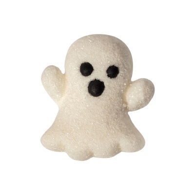 Figura decorativa de fantasma branco com olhos e boca pretos