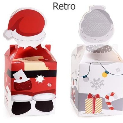 Caixas de presente de Natal retro em papel cartolina com padrões festivos e design de Pai Natal.