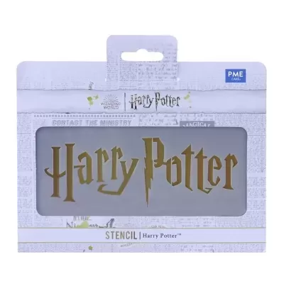 Stencil plástico Harry Potter dourado embalada em caixa branca com detalhes jornal e logo PME Cake