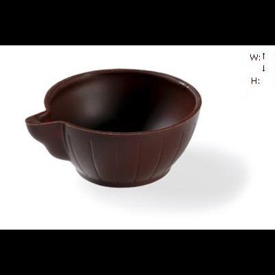 Taça pequena castanha escura com bico e medidas ao lado