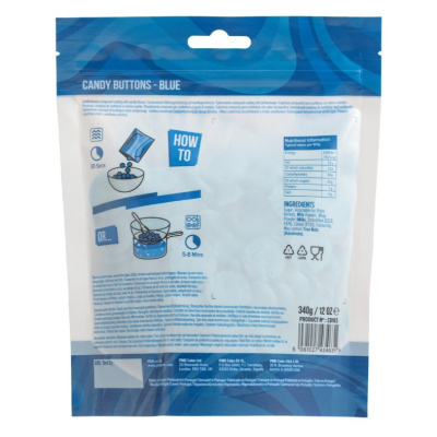 Embalagem azul e branca de Candy Buttons Blue com informações e instruções