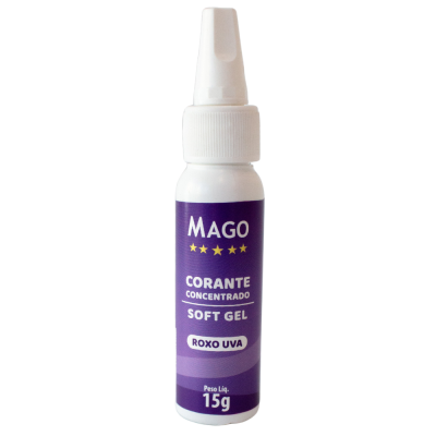 Frasco branco com rótulo roxo de corante concentrado soft gel MAGO Roxo Uva