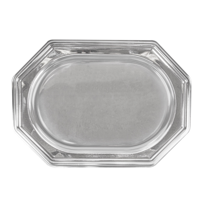 Tabuleiro metálico prateado formato octogonal com interior oval