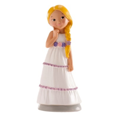 Figura decorativa de menina com vestido branco e cabelo loiro em trança