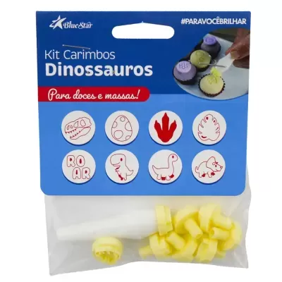 Kit de carimbos de dinossauros para doces em embalagem azul com carimbos amarelos