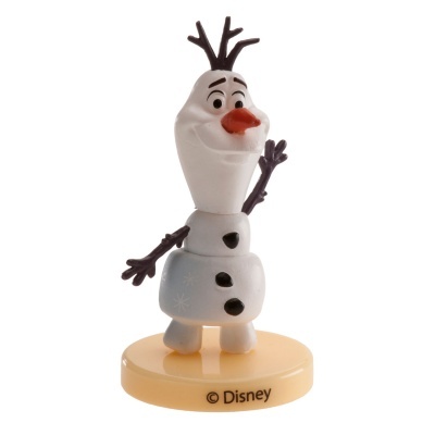 Figura de boneco de neve Olaf da Disney em plástico sobre base amarela.