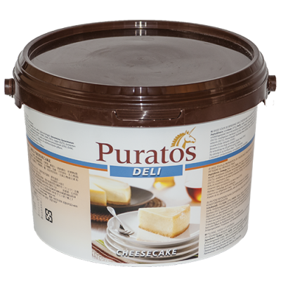 Recipiente grande de cheesecake Puratos DELI com tampa castanha.