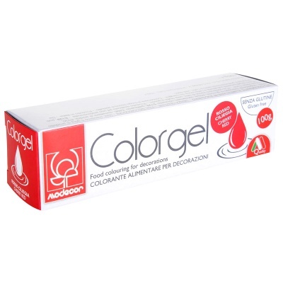 Embalagem de gel corante alimentar Colorgel branco e vermelho