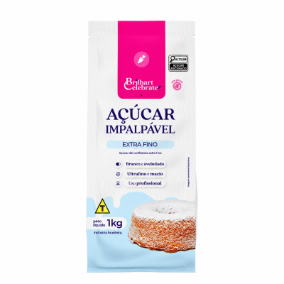 Embalagem de açúcar impalpável extra fino Brilhart Celebrate 1kg com design branco, rosa e azul e bolo decorado