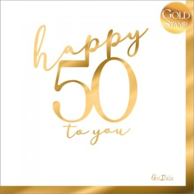Cartão de felicitações com texto dourado 'happy 50 to you' e bordas douradas