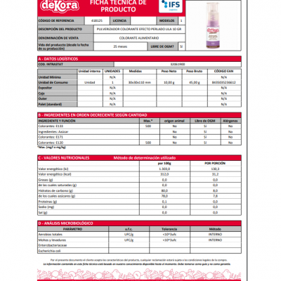 Ficha técnica de produto alimentar da marca deKora com tabelas e texto em fundo branco