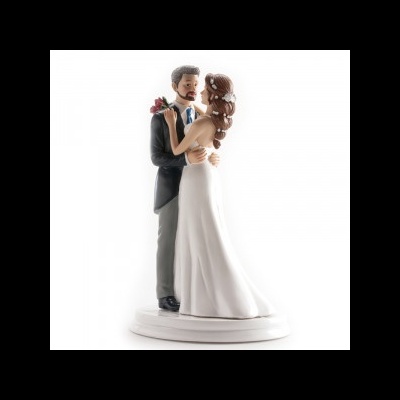 Figura decorativa de noivos em posição de dança com base branca.