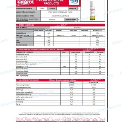 Ficha técnica do spray cor efeito perolado deKora 250 ml com informações detalhadas em tabelas