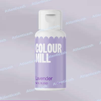Frasco branco com tampa e rótulo roxo com texto COLOUR MILL Lavender OIL BLEND 43 ml