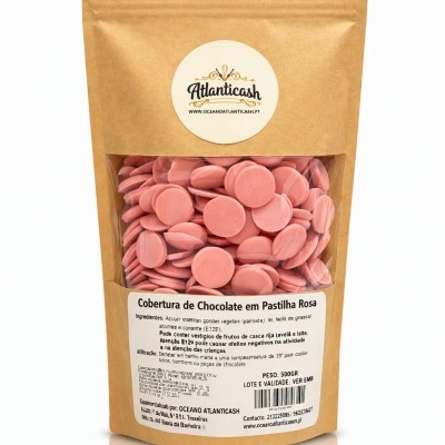Pacote de cobertura de chocolate em pastilha rosa em embalagem de papel kraft