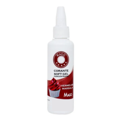 Frasco branco com corante alimentício vermelhos marsala em gel da marca MAGO