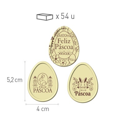 Ovos decorativos bege com texto Feliz Páscoa e motivos pascais.