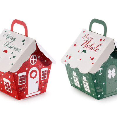 Duas embalagens casinha de cartão decoradas para Natal, uma vermelha e outra verde