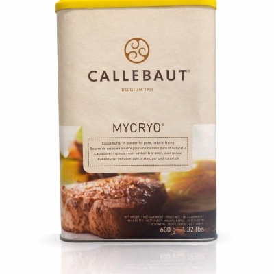 Embalagem de lata de Mycryo da Callebaut com tampa amarela e imagem de carne