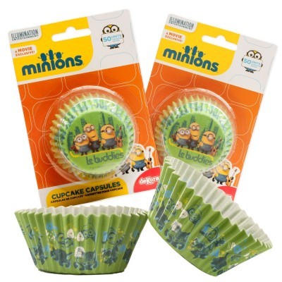 Pacotes de cápsulas para cupcake Minions com imagens dos personagens em papel verde