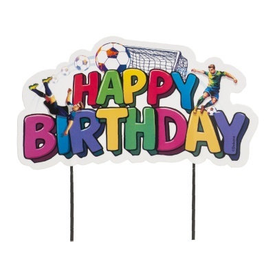 Placa decorativa colorida com texto HAPPY BIRTHDAY e jogadores de futebol