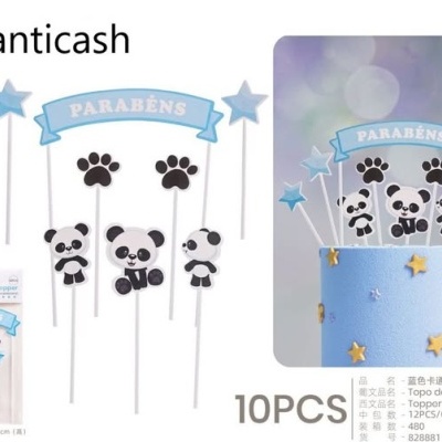 Conjunto para decoração de bolo com panda e elementos azuis