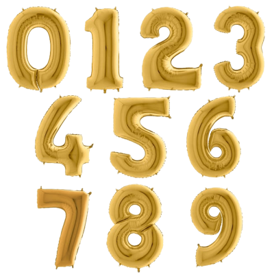 Balões dourados em forma de números de 0 a 9