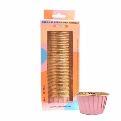 Conjunto de cápsulas para forno rosa com interior dourado e embalagem colorida