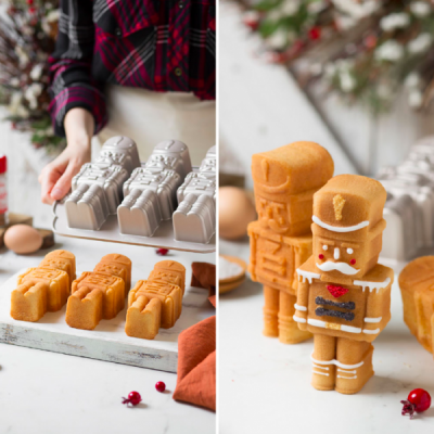 formas metálicas para bolos e bolos em forma de soldado de chumbo com decoração natalícia