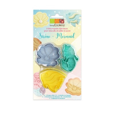 Pacote com 3 cortadores para biscoitos com tema sereia em plástico, nas cores cinzento, verde e amarelo, com texto em francês e inglês na embalagem.