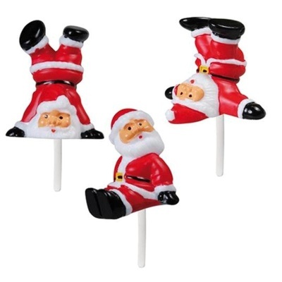 Decorações de Pai Natal em plástico com roupas vermelhas e detalhes brancos e pretos.