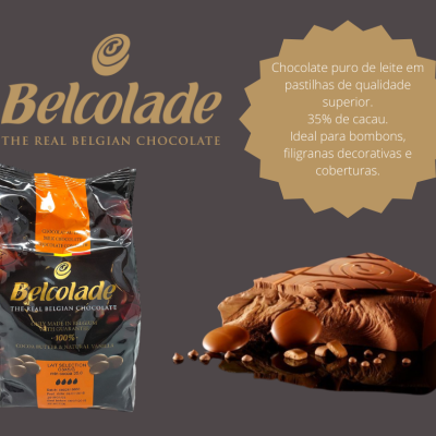 Pacote de chocolate Belcolade ao lado de barra de chocolate com amêndoas e texto informativo