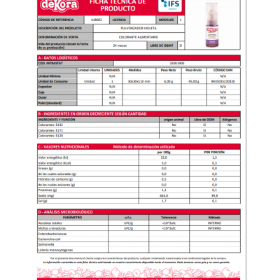Ficha técnica de produto colorante alimentário pulverizador violeta deKora
