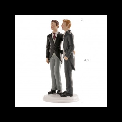 Figuras decorativas de dois homens vestidos formalmente com fatos e gravatas em base branca