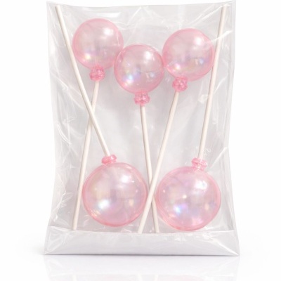 Cinco pilões com bolinhas transparentes rosadas em saco plástico