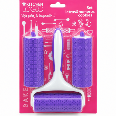 Conjunto para fazer bolachas com três rolos texturizados roxos e pega branca em embalagem rosa