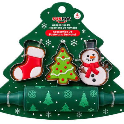 Pack de acessórios de pastelaria de Natal com moldes metálicos e rolo de massa verde