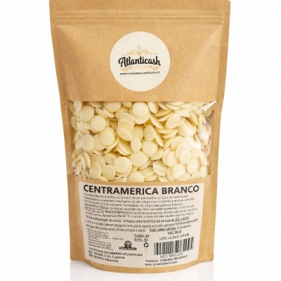 Saco de papel com discos brancos e etiquetas da Atlanticash