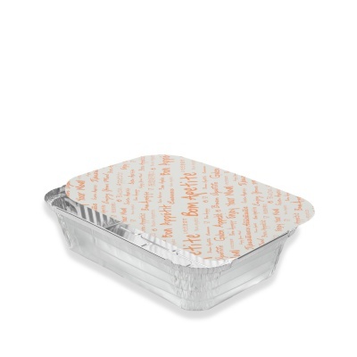 Tabuleiro descartável de alumínio com tampa estampada branca e laranja