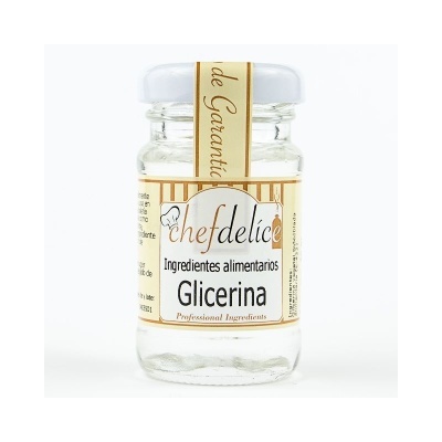 Frasco pequeno de glicerina chefdelice com etiqueta branca e detalhes dourados