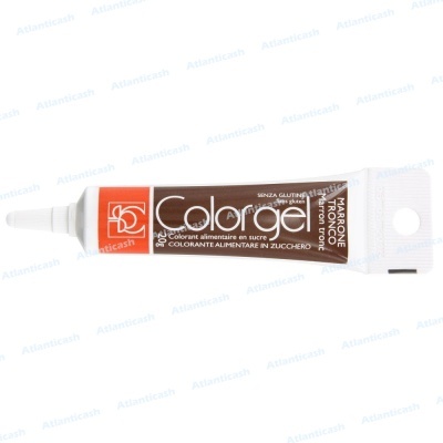 Tubo de gel corante alimentar Colorgel marrom em fundo branco