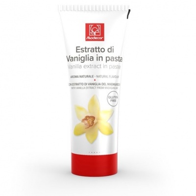 Tubo de extrato de baunilha em pasta da Modecor com design branco, vermelho e imagem de flor de baunilha