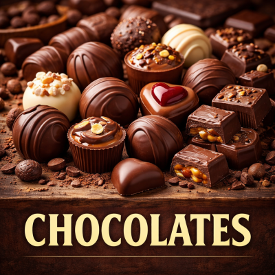 Diversos bombons de chocolate variados sobre superfície rústica com texto CHOCOLATES