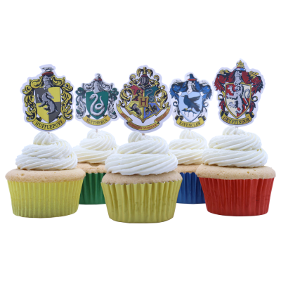 Cinco cupcakes com decoração das casas Hogwarts