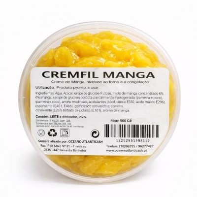 Recipiente plástico com creme de manga amarelo e rótulo branco com informações em preto