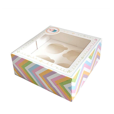 Caixa para bolos com padrão colorido e tampa transparente