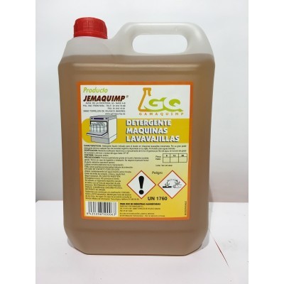 Recipiente de detergente para máquinas de lavar loiça com rótulo amarelo e tampa vermelha