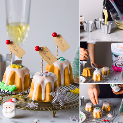 Pequenos bolos com cobertura branca e etiquetas de papel decorativas, preparados e decorados em cenário de cozinha com acessórios de Natal